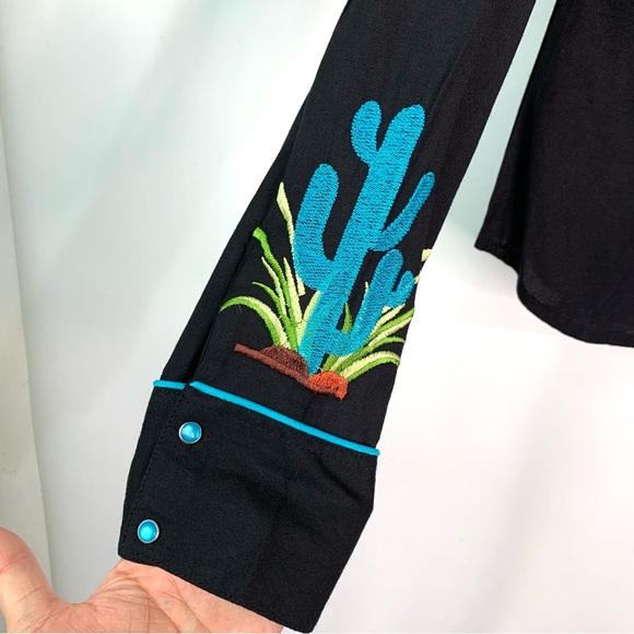 Scully Women Cactus Embroidered Pearl Snap Western Shirt Sz S Black Long Sleeve - Picture 7 of 12